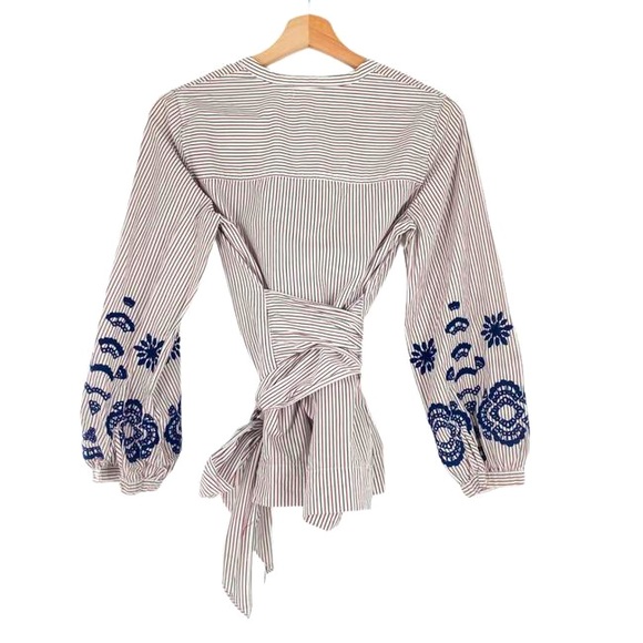 J.CREW The Striped Embellished Blouse NWT Size Medium Burgundy Ink Blue White - Picture 4 of 10